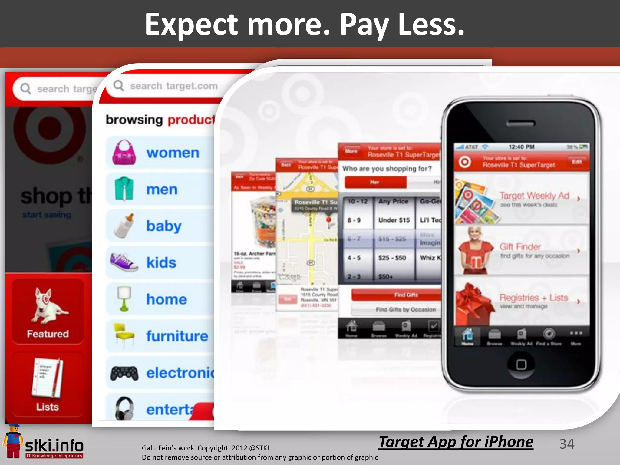 Expect more. Pay Less.




Galit Fein’s work Copyright 2012 @STKI                                       Target App for iPhone   34
Do not remove source or attribution from any graphic or portion of graphic
 