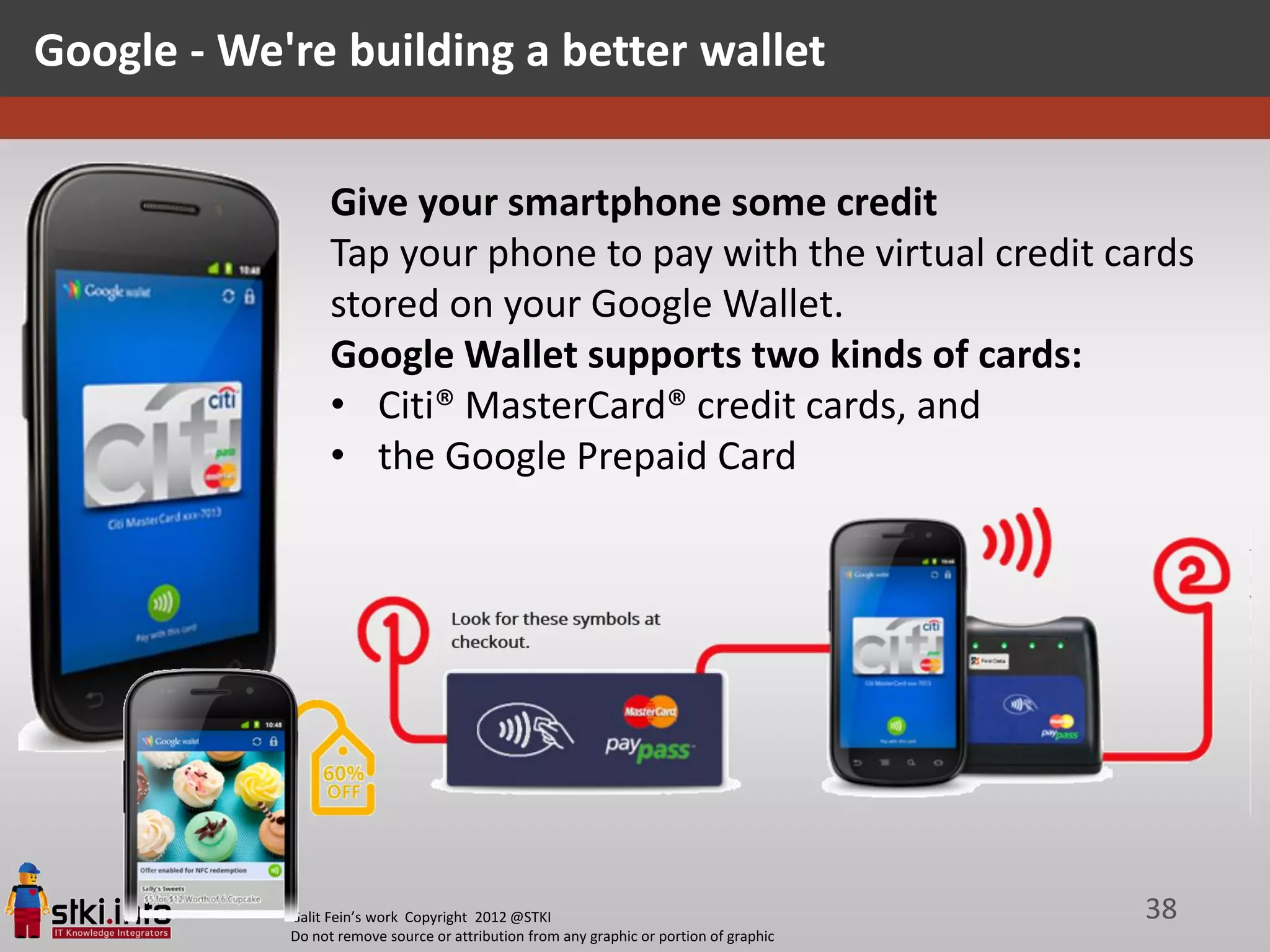 Google - We're building a better wallet


                  Give your smartphone some credit
                  Tap your phone to pay with the virtual credit cards
                  stored on your Google Wallet.
                  Google Wallet supports two kinds of cards:
                  • Citi® MasterCard® credit cards, and
                  • the Google Prepaid Card




            Galit Fein’s work Copyright 2012 @STKI                                       38
            Do not remove source or attribution from any graphic or portion of graphic
 