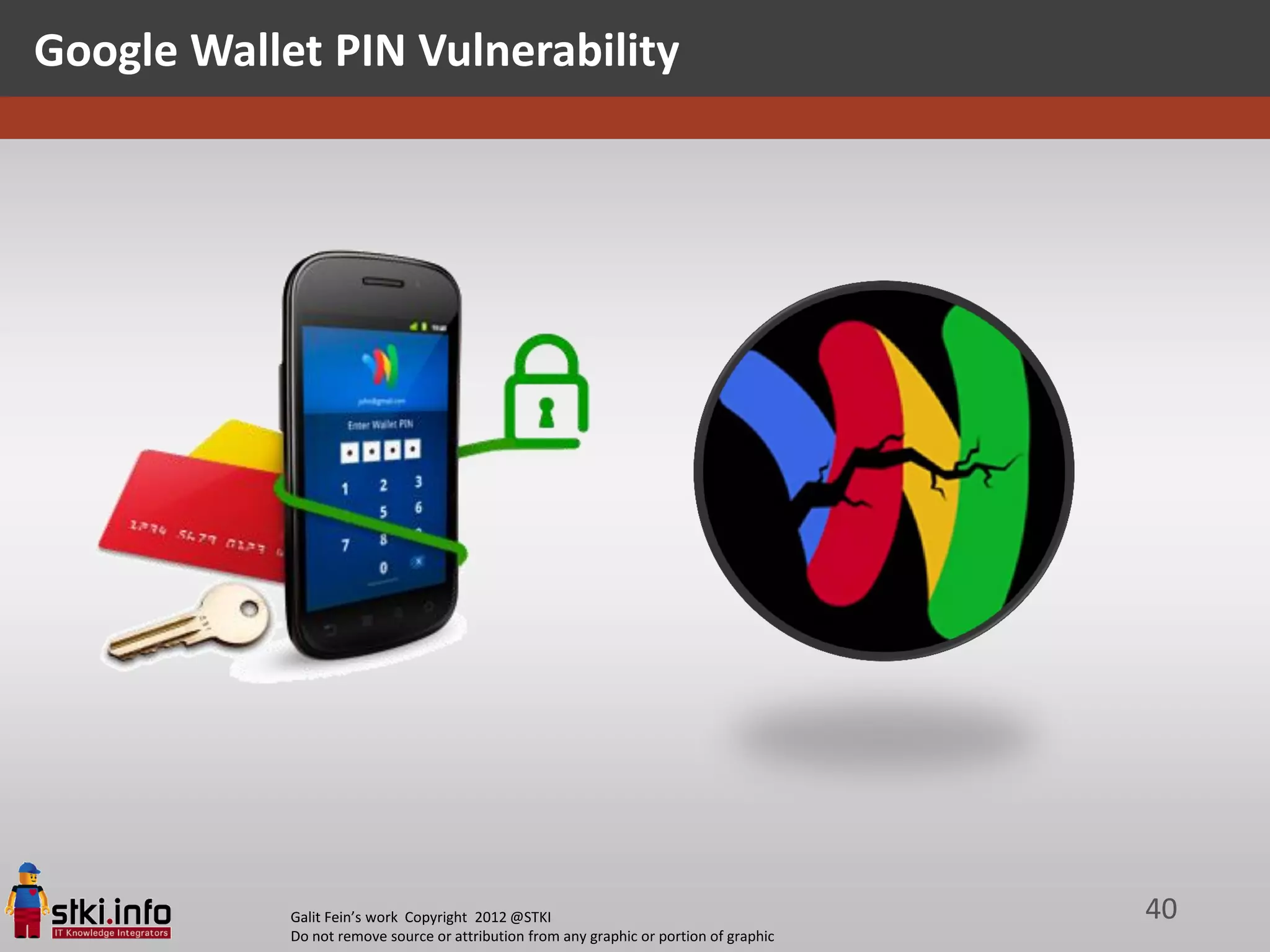 Google Wallet PIN Vulnerability




            Galit Fein’s work Copyright 2012 @STKI                                       40
            Do not remove source or attribution from any graphic or portion of graphic
 