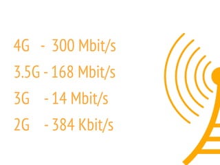 4G - 300 Mbit/s
3.5G -168 Mbit/s
3G -14 Mbit/s
2G -384 Kbit/s