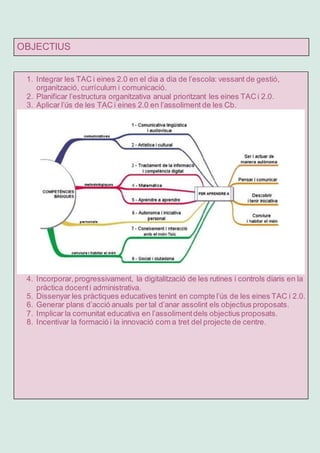 OBJECTIUS
1. Integrar les TAC i eines 2.0 en el dia a dia de l’escola: vessant de gestió,
organització, currículum i comunicació.
2. Planificar l’estructura organitzativa anual prioritzant les eines TAC i 2.0.
3. Aplicar l’ús de les TAC i eines 2.0 en l’assoliment de les Cb.
4. Incorporar,progressivament, la digitalització de les rutines i controls diaris en la
pràctica docenti administrativa.
5. Dissenyar les pràctiques educatives tenint en compte l’ús de les eines TAC i 2.0.
6. Generar plans d’acció anuals per tal d’anar assolint els objectius proposats.
7. Implicar la comunitat educativa en l’assolimentdels objectius proposats.
8. Incentivar la formació i la innovació com a tret del projecte de centre.
 