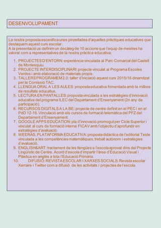 DESENVOLUPAMENT
La nostra propostaescenificaunes pinzellades d’aquelles pràctiques educatives que
destaquem aquest curs escolar.
A la presentació us definim un decàleg de 10 accions que l’equip de mestres ha
valorat com a representatives de la nostra pràctica educativa:
1. PROJECTESD’ENTORN:experiència vinculada al Parc Comarcal del Castell
de Montesquiu.
2. PROJECTE INTERDISCIPLINARI:projecte vinculat al Programa Escoles
Verdes i amb elaboració de materials propis.
3. TALLERSPROGRAMEM2.0: taller d’iniciació aquest curs 2015/16 dinamitzat
per la Comissió TAC.
4. LLENGUA ORAL A LES AULES:propostaeducativa fomentada amb la millora
de resultats educatius.
5. LECTURA EN PANTALLES:propostavinculada a les estratègies d’innovació
educativa del programa ILEC del Departament d’Ensenyament (2n any de
participació).
6. RECURSOS DIGITALSA LA BE: projecte de centre definit en el PEC i en el
PdD 12-16.Vinculació amb els cursos de formació telemàtica del PFZ del
Departament d’Ensenyament.
7. GOOGLE APPS EDUCATION:pla d’innovació promogutper Cicle Superior i
vinculat al curs de formació interna FICAV amb l’objectiu d’aprofundir en
estratègies d’avaluació.
8. WEERAS,PLATAFORMA EDUCATIVA:propostadidàctica de l’editorial Teide
vinculada a les competènciesmatemàtiques,treball autònom i estratègies
d’avaluació.
9. ENGLISH&ART:tractament de les llengües a l’escolaaprovat dins del Projecte
Lingüístic de Centre. Acord d’escolad’impartir l’àrea d’Educació Visual i
Plàstica en anglès a tota l’Educació Primària.
10. DIFUSIÓ:REVISTAESCOLAR I XARXES SOCIALS:Revista escolar
Xerraire i Twitter com a difusió de les activitats i projectes de l’escola.
 