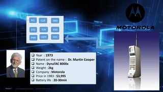 RCL CLR SND
STO ENDFCN
PWR LOCK VOL
MARTIN COOPER
 Year : 1973
 Patent on the name : Dr. Martin Cooper
 Name : DynaTAC 8000x
 Weight : 2kg
 Company : Motorola
 Price in 1983 : $3,995
 Battery life : 20-30min
 
