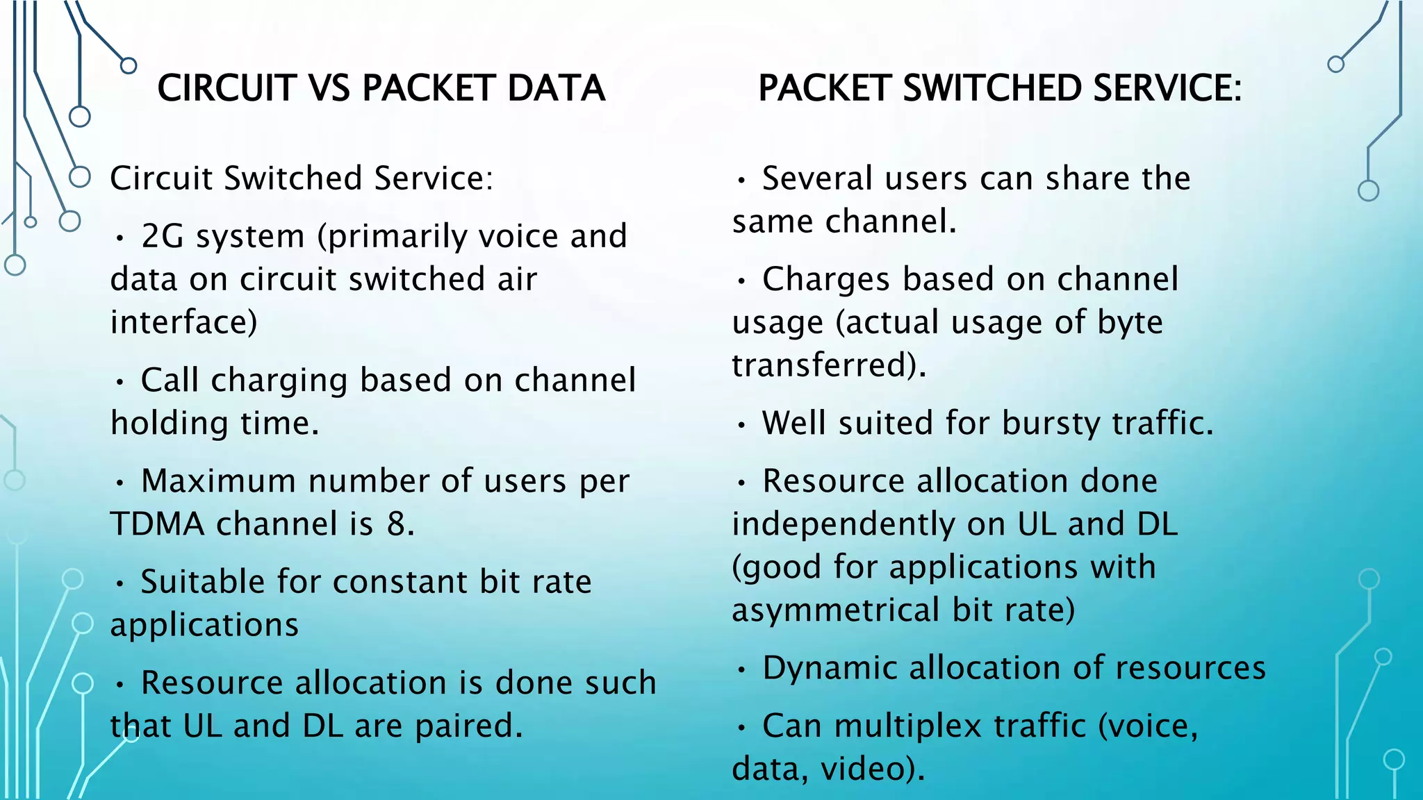 CIRCUIT VS PACKET DATA
Circuit Switched Service:
• 2G system (primarily voice and
data on circuit switched air
interface)
• Call charging based on channel
holding time.
• Maximum number of users per
TDMA channel is 8.
• Suitable for constant bit rate
applications
• Resource allocation is done such
that UL and DL are paired.
PACKET SWITCHED SERVICE:
• Several users can share the
same channel.
• Charges based on channel
usage (actual usage of byte
transferred).
• Well suited for bursty traffic.
• Resource allocation done
independently on UL and DL
(good for applications with
asymmetrical bit rate)
• Dynamic allocation of resources
• Can multiplex traffic (voice,
data, video).
 