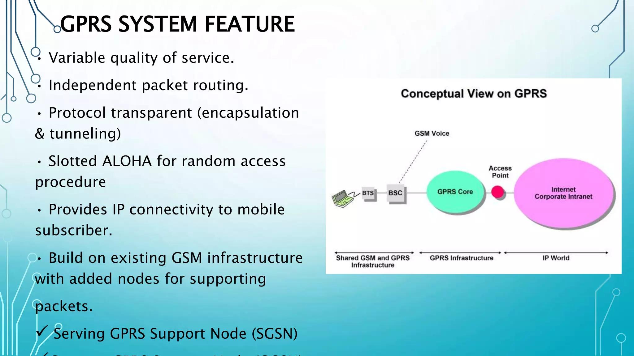 GPRS SYSTEM FEATURE
• Variable quality of service.
• Independent packet routing.
• Protocol transparent (encapsulation
& tunneling)
• Slotted ALOHA for random access
procedure
• Provides IP connectivity to mobile
subscriber.
• Build on existing GSM infrastructure
with added nodes for supporting
packets.
 Serving GPRS Support Node (SGSN)
 