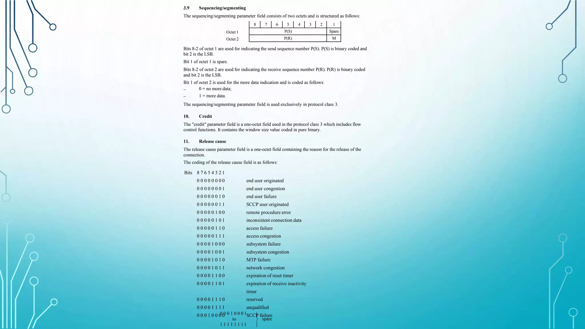 8 7 6 5 4 3 2 1
P(S) Spare
P(R) M
3.9 Sequencing/segmenting
The sequencing/segmenting parameter field consists of two octets and is structured as follows:
Octet 1
Octet 2
Bits 8-2 of octet 1 are used for indicating the send sequence number P(S). P(S) is binary coded and
bit 2 is the LSB.
Bit 1 of octet 1 is spare.
Bits 8-2 of octet 2 are used for indicating the receive sequence number P(R). P(R) is binary coded
and bit 2 is the LSB.
Bit 1 of octet 2 is used for the more data indication and is coded as follows:
–
–
0 = no more data;
1 = more data.
The sequencing/segmenting parameter field is used exclusively in protocol class 3.
10. Credit
The "credit" parameter field is a one-octet field used in the protocol class 3 which includes flow
control functions. It contains the window size value coded in pure binary.
11. Release cause
The release cause parameter field is a one-octet field containing the reason for the release of the
connection.
The coding of the release cause field is as follows:
Bits 8 7 6 5 4 3 2 1
0 0 0 0 0 0 0 0 end user originated
0 0 0 0 0 0 0 1 end user congestion
0 0 0 0 0 0 1 0 end user failure
0 0 0 0 0 0 1 1 SCCP user originated
0 0 0 0 0 1 0 0 remote procedure error
0 0 0 0 0 1 0 1 inconsistent connection data
0 0 0 0 0 1 1 0 access failure
0 0 0 0 0 1 1 1 access congestion
0 0 0 0 1 0 0 0 subsystem failure
0 0 0 0 1 0 0 1 subsystem congestion
0 0 0 0 1 0 1 0 MTP failure
0 0 0 0 1 0 1 1 network congestion
0 0 0 0 1 1 0 0 expiration of reset timer
0 0 0 0 1 1 0 1 expiration of receive inactivity
timer
0 0 0 0 1 1 1 0 reserved
0 0 0 0 1 1 1 1 unqualified
0 0 0 1 0 0 0 0 SCCP failure0 0 0 1 0 0 0 1
to
1 1 1 1 1 1 1 1



spare
 