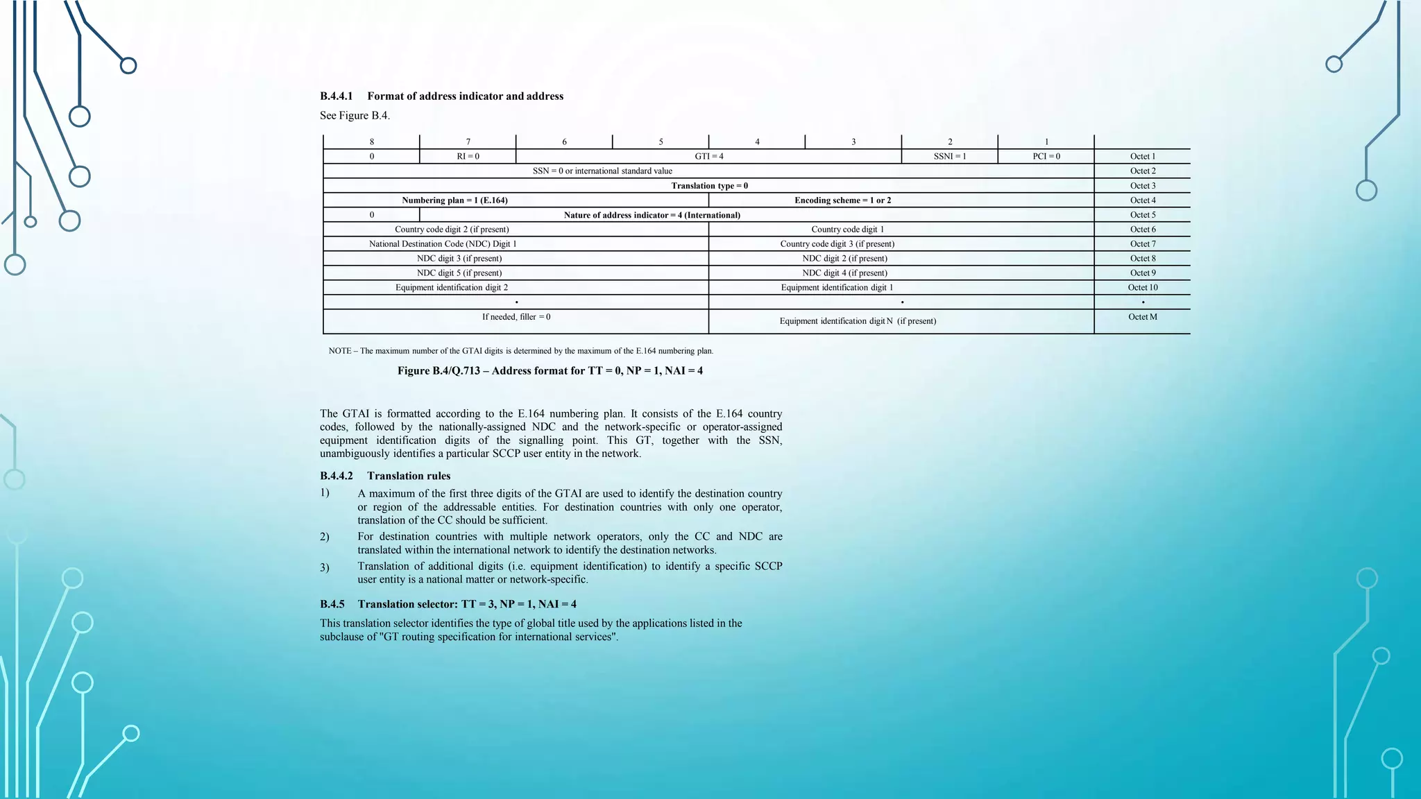 B.4.4.1 Format of address indicator and address
See Figure B.4.
8 7 6 5 4 3 2 1
0 RI = 0 GTI = 4 SSNI = 1 PCI = 0 Octet 1
SSN = 0 or international standard value Octet 2
Translation type = 0 Octet 3
Numbering plan = 1 (E.164) Encoding scheme = 1 or 2 Octet 4
0 Nature of address indicator = 4 (International) Octet 5
Country code digit 2 (if present) Country code digit 1 Octet 6
National Destination Code (NDC) Digit 1 Country code digit 3 (if present) Octet 7
NDC digit 3 (if present) NDC digit 2 (if present) Octet 8
NDC digit 5 (if present) NDC digit 4 (if present) Octet 9
Equipment identification digit 2 Equipment identification digit 1 Octet 10
• • •
If needed, filler = 0 Equipment identification digit N (if present) Octet M
NOTE – The maximum number of the GTAI digits is determined by the maximum of the E.164 numbering plan.
Figure B.4/Q.713 – Address format for TT = 0, NP = 1, NAI = 4
The GTAI is formatted according to the E.164 numbering plan. It consists of the E.164 country
codes, followed by the nationally-assigned NDC and the network-specific or operator-assigned
equipment identification digits of the signalling point. This GT, together with the SSN,
unambiguously identifies a particular SCCP user entity in the network.
B.4.4.2
1)
2)
3)
Translation rules
A maximum of the first three digits of the GTAI are used to identify the destination country
or region of the addressable entities. For destination countries with only one operator,
translation of the CC should be sufficient.
For destination countries with multiple network operators, only the CC and NDC are
translated within the international network to identify the destination networks.
Translation of additional digits (i.e. equipment identification) to identify a specific SCCP
user entity is a national matter or network-specific.
B.4.5 Translation selector: TT = 3, NP = 1, NAI = 4
This translation selector identifies the type of global title used by the applications listed in the
subclause of "GT routing specification for international services".
 