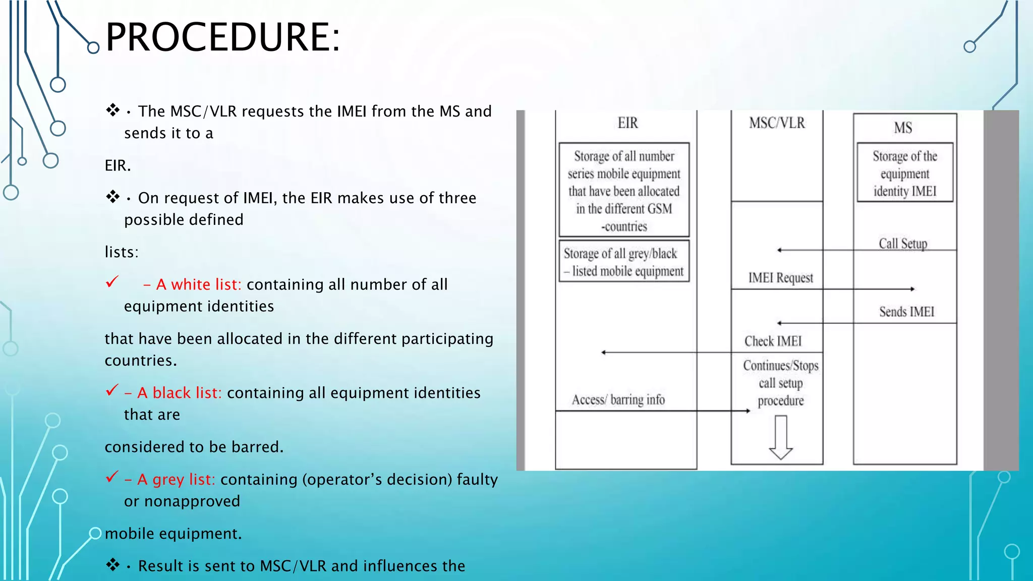 PROCEDURE:
• The MSC/VLR requests the IMEI from the MS and
sends it to a
EIR.
• On request of IMEI, the EIR makes use of three
possible defined
lists:
 - A white list: containing all number of all
equipment identities
that have been allocated in the different participating
countries.
 - A black list: containing all equipment identities
that are
considered to be barred.
 - A grey list: containing (operator’s decision) faulty
or nonapproved
mobile equipment.
• Result is sent to MSC/VLR and influences the
 