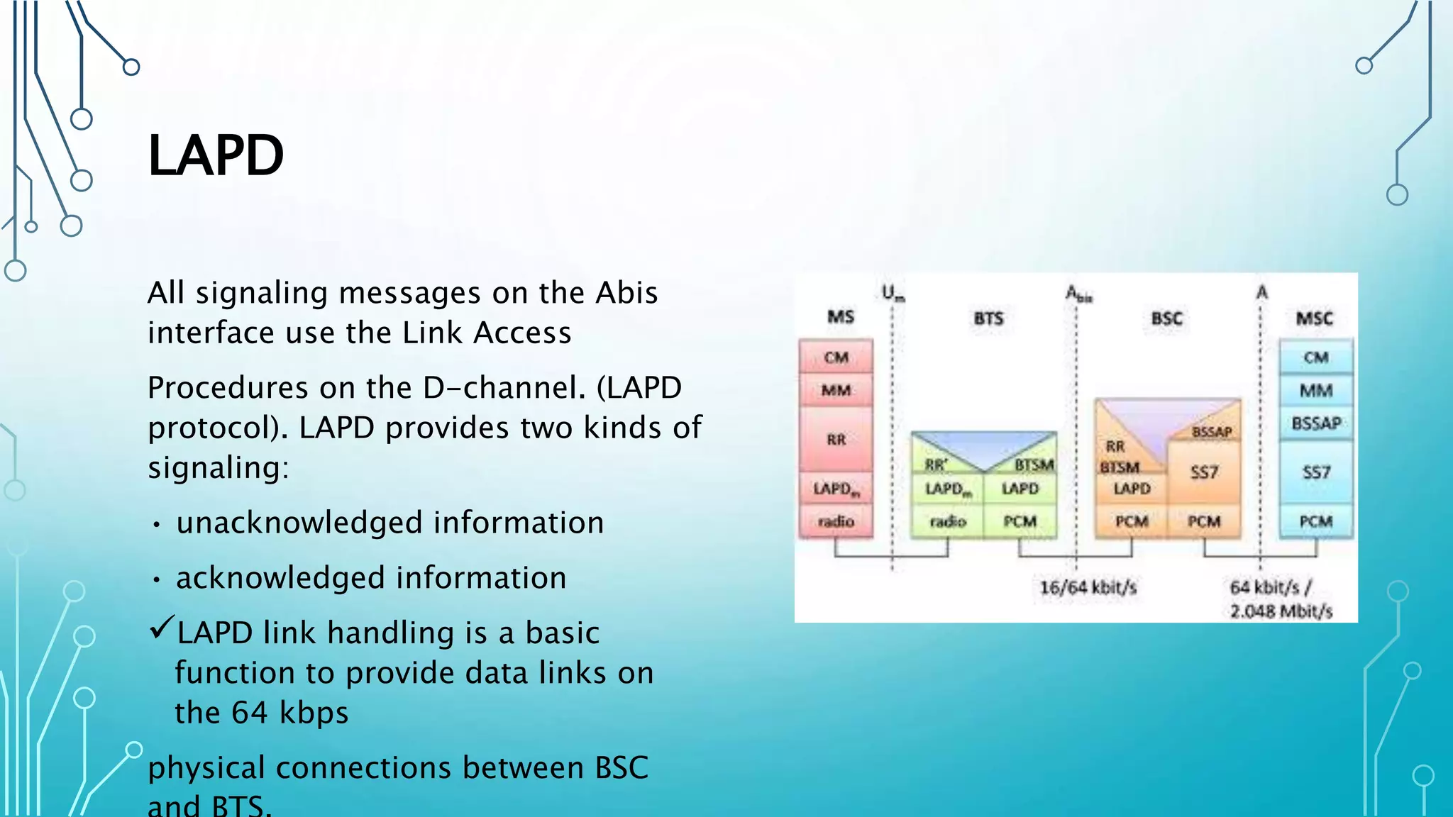 LAPD
All signaling messages on the Abis
interface use the Link Access
Procedures on the D-channel. (LAPD
protocol). LAPD provides two kinds of
signaling:
• unacknowledged information
• acknowledged information
LAPD link handling is a basic
function to provide data links on
the 64 kbps
physical connections between BSC
 