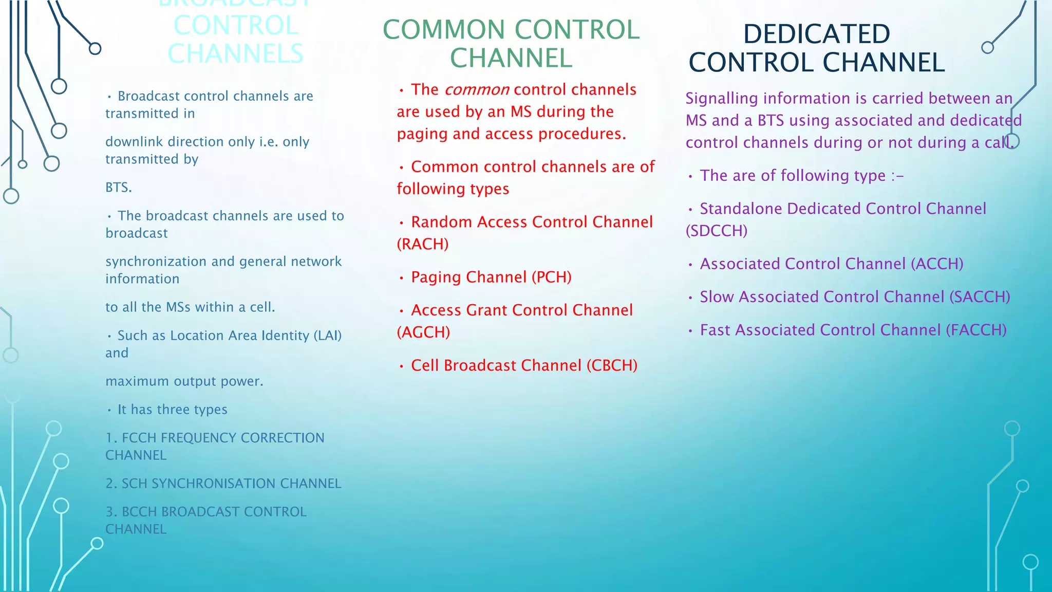 BROADCAST
CONTROL
CHANNELS
• Broadcast control channels are
transmitted in
downlink direction only i.e. only
transmitted by
BTS.
• The broadcast channels are used to
broadcast
synchronization and general network
information
to all the MSs within a cell.
• Such as Location Area Identity (LAI)
and
maximum output power.
• It has three types
1. FCCH FREQUENCY CORRECTION
CHANNEL
2. SCH SYNCHRONISATION CHANNEL
3. BCCH BROADCAST CONTROL
CHANNEL
COMMON CONTROL
CHANNEL
• The common control channels
are used by an MS during the
paging and access procedures.
• Common control channels are of
following types
• Random Access Control Channel
(RACH)
• Paging Channel (PCH)
• Access Grant Control Channel
(AGCH)
• Cell Broadcast Channel (CBCH)
DEDICATED
CONTROL CHANNEL
Signalling information is carried between an
MS and a BTS using associated and dedicated
control channels during or not during a call.
• The are of following type :-
• Standalone Dedicated Control Channel
(SDCCH)
• Associated Control Channel (ACCH)
• Slow Associated Control Channel (SACCH)
• Fast Associated Control Channel (FACCH)
 