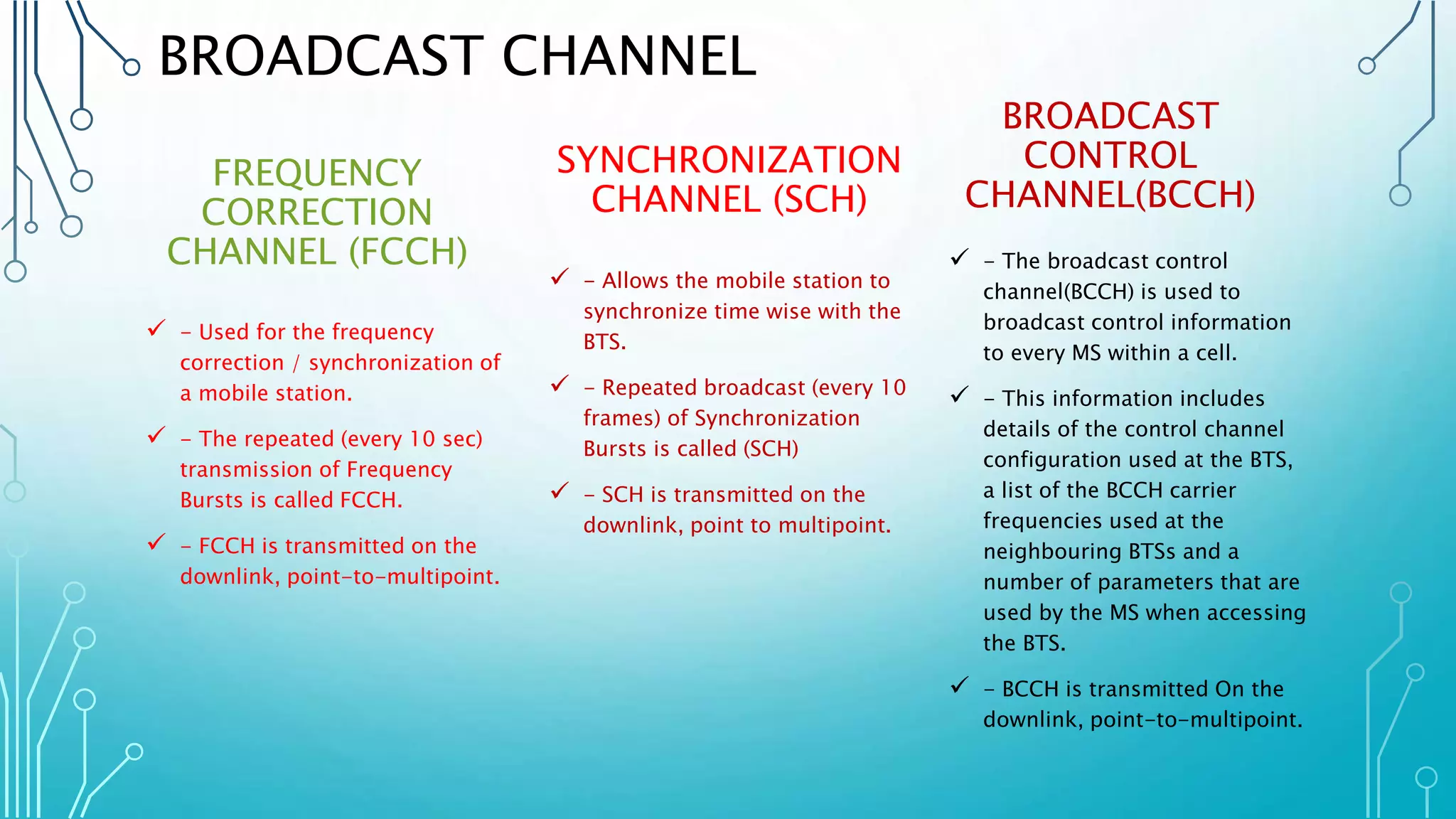 BROADCAST CHANNEL
FREQUENCY
CORRECTION
CHANNEL (FCCH)
 - Used for the frequency
correction / synchronization of
a mobile station.
 - The repeated (every 10 sec)
transmission of Frequency
Bursts is called FCCH.
 - FCCH is transmitted on the
downlink, point-to-multipoint.
SYNCHRONIZATION
CHANNEL (SCH)
 - Allows the mobile station to
synchronize time wise with the
BTS.
 - Repeated broadcast (every 10
frames) of Synchronization
Bursts is called (SCH)
 - SCH is transmitted on the
downlink, point to multipoint.
BROADCAST
CONTROL
CHANNEL(BCCH)
 - The broadcast control
channel(BCCH) is used to
broadcast control information
to every MS within a cell.
 - This information includes
details of the control channel
configuration used at the BTS,
a list of the BCCH carrier
frequencies used at the
neighbouring BTSs and a
number of parameters that are
used by the MS when accessing
the BTS.
 - BCCH is transmitted On the
downlink, point-to-multipoint.
 
