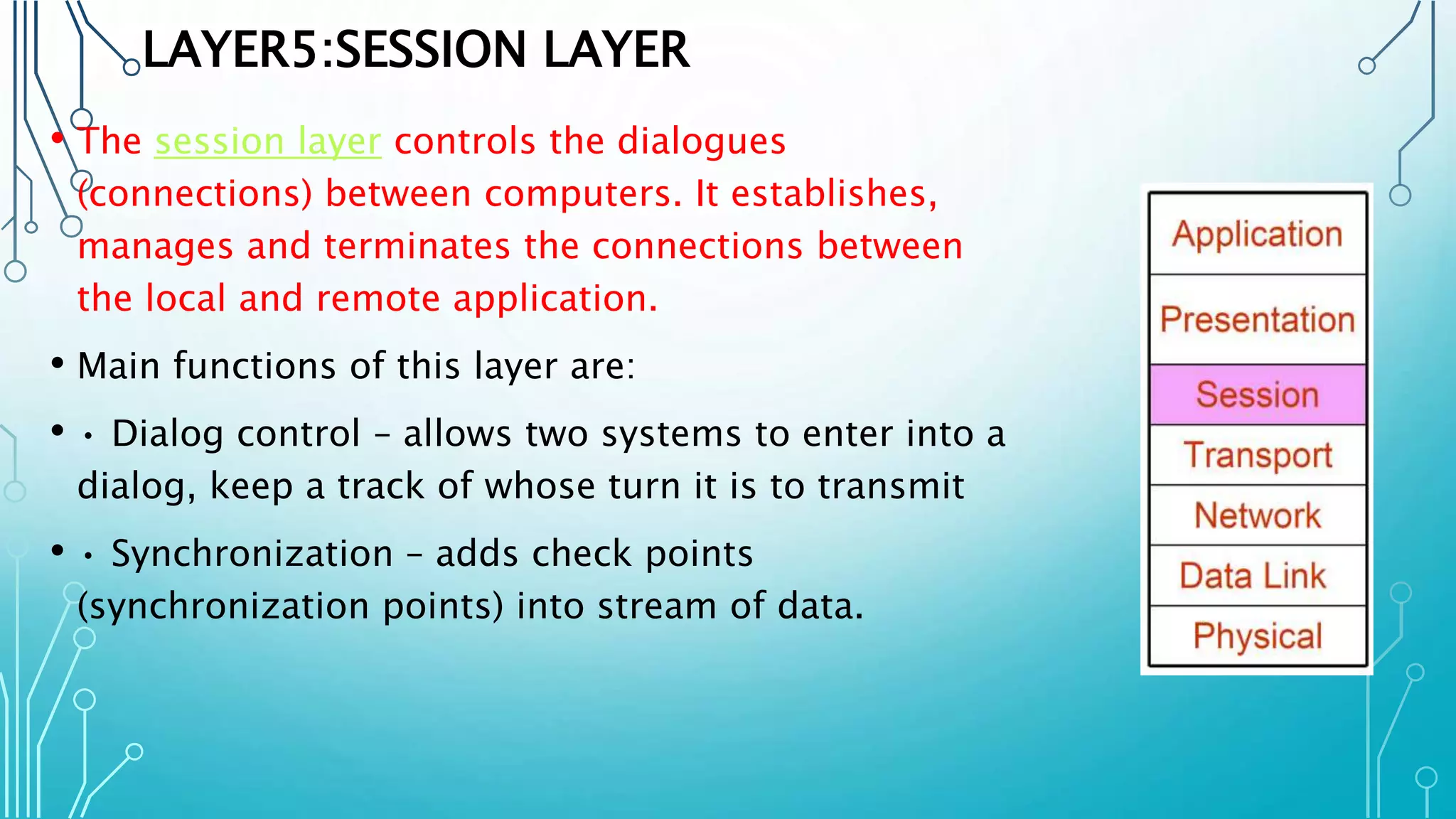 LAYER5:SESSION LAYER
• The session layer controls the dialogues
(connections) between computers. It establishes,
manages and terminates the connections between
the local and remote application.
• Main functions of this layer are:
• • Dialog control – allows two systems to enter into a
dialog, keep a track of whose turn it is to transmit
• • Synchronization – adds check points
(synchronization points) into stream of data.
 