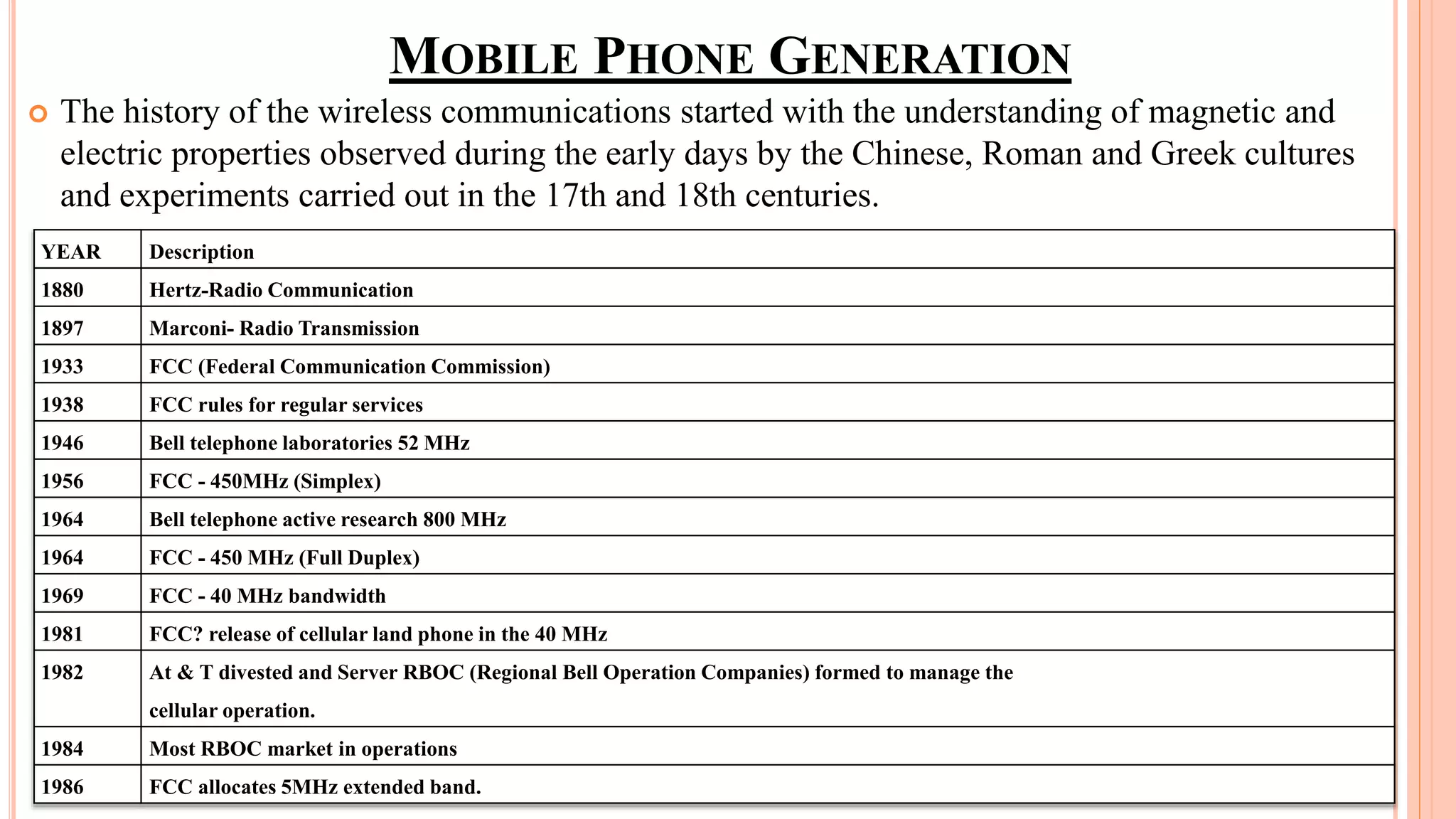 MOBILE PHONE GENERATION
 The history of the wireless communications started with the understanding of magnetic and
electric properties observed during the early days by the Chinese, Roman and Greek cultures
and experiments carried out in the 17th and 18th centuries.
YEAR Description
1880 Hertz-Radio Communication
1897 Marconi- Radio Transmission
1933 FCC (Federal Communication Commission)
1938 FCC rules for regular services
1946 Bell telephone laboratories 52 MHz
1956 FCC - 450MHz (Simplex)
1964 Bell telephone active research 800 MHz
1964 FCC - 450 MHz (Full Duplex)
1969 FCC - 40 MHz bandwidth
1981 FCC? release of cellular land phone in the 40 MHz
1982 At & T divested and Server RBOC (Regional Bell Operation Companies) formed to manage the
cellular operation.
1984 Most RBOC market in operations
1986 FCC allocates 5MHz extended band.
 