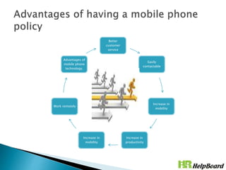 Better
customer
service
Easily
contactable
Increase in
mobility
Increase in
productivity
Increase in
mobility
Work remotely
Advantages of
mobile phone
technology.
 