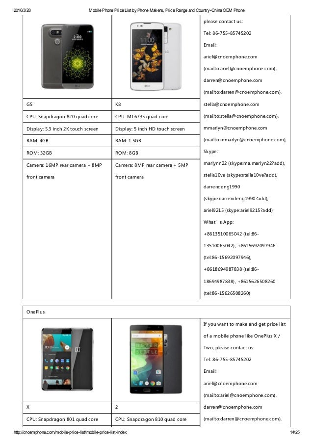 mobile phone price list by phone makers price range and country chin