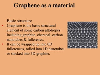 Graphene as a material

   Basic structure
• Graphene is the basic structural
  element of some carbon allotropes
  including graphite, charcoal, carbon
  nanotubes & fullerenes.
• It can be wrapped up into 0D
  fullerences, rolled into 1D nanotubes
  or stacked into 3D graphite.
 