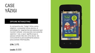 CASE
YÁZIGI
OFFLINE RETARGETING
A campanha da ‘Yazigi’ tinha como
objetivo conquistar novos alunos. A
estratégia foi segmentar por pessoas que
haviam visitado uma escola concorrente
apenas 1 vez, o que significa que a
pessoa ainda não era uma aluna do
concorrente e provavelmente estava
procurando informações.
CTR: 3,9%
Leads: 8.000
 