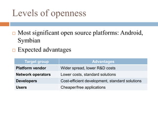 Levels of opennessMost significant open source platforms: Android, SymbianExpected advantages