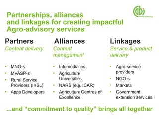 Partnerships, alliances
and linkages for creating impactful
Agro-advisory services
Partners             Alliances                  Linkages
Content delivery     Content                    Service & product
                     management                 delivery

• MNO-s              • Infomediaries            • Agro-service
• MVASP-s            • Agriculture                providers
• Rural Service        Universities             • NGO-s
  Providers (IKSL)   • NARS (e.g. ICAR)         • Markets
• Apps Developers    • Agriculture Centres of   • Government
                       Excellence                 extension services

...and “commitment to quality” brings all together
 