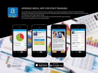 APRENDE	
  MOVIL	
  APP	
  FOR	
  STAFF	
  TRAINING	
  
This	
  mobile	
  app	
  is	
  a	
  perfect	
  soluFon	
  for	
  large	
  companies	
  and	
  is	
  best	
  for	
  employee	
  training	
  and	
  tesFng.	
  Precisely	
  	
  
designed,	
  the	
  soluFon	
  consists	
  of	
  two	
  parts:	
  User-­‐friendly	
  web-­‐based	
  administraFon	
  panel	
  to	
  compose	
  lessons	
  and	
  tests	
  	
  
for	
  employees	
  and	
  mobile	
  app	
  for	
  taking	
  
lessons	
  and	
  tests.	
  Supervisors	
  can	
  access	
  all	
  data	
  via	
  a	
  web-­‐based	
  admin	
  panel	
  showing	
  	
  
the	
  results	
  of	
  a	
  parFcular	
  test	
  and	
  overall	
  staFsFcs.	
  
 