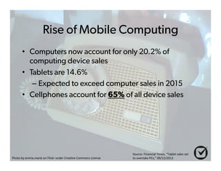 Rise of Mobile Computing 
• Computers now account for only 20.2% of 
computing device sales 
• Tablets are 14.6% 
– Expected to exceed computer sales in 2015 
• Cellphones account for 65% of all device sales 
Photo%by%emma.marie%on%Flickr%under%Crea6ve%Commons%License% 
Source:%Financial%Times,%“Tablet%sales%set%% 
to%overtake%PCs,”%09/12/2013% 
 