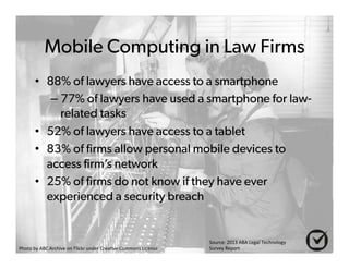 Mobile Computing in Law Firms 
• 88% of lawyers have access to a smartphone 
– 77% of lawyers have used a smartphone for law-related 
tasks 
• 52% of lawyers have access to a tablet 
• 83% of firms allow personal mobile devices to 
access firm’s network 
• 25% of firms do not know if they have ever 
experienced a security breach 
Photo%by%ABC%Archive%on%Flickr%under%Crea6ve%Commons%License% 
Source:%2013%ABA%Legal%Technology% 
Survey%Report% 
 