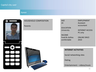 Capitol city user


                    Karen


                      HOUSEHOLD COMPOSITION   AGE                  EMPLOYMENT
                                              24                   Assistant
                      Parents                                      accountant
                                              EDUCATION
                                              University           INTERNET ACCESS
                                                                   PC only
                                              INCOME
                                              Food & clothes       ONLINE SINCE
                                              comfortable          2010




                                                    INTERNET ACTIVITIES

                                                    Social networking sites

                                                    Dating

                                                    Entertainment – videos/music
                                                                              19
 