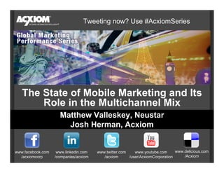 The State of Mobile Marketing and Its
Role in the Multichannel Mix
Matthew Valleskey, Neustar
Josh Herman, Acxiom
www.facebook.com
/acxiomcorp
www.twitter.com
/acxiom
www.linkedin.com
/companies/acxiom
www.youtube.com
/user/AcxiomCorporation
www.delicious.com
/Acxiom
Tweeting now? Use #AcxiomSeries
 