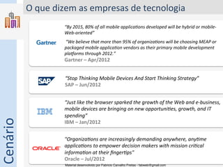 O	
  que	
  dizem	
  as	
  empresas	
  de	
  tecnologia	
  
                            “By	
  2015,	
  80%	
  of	
  all	
  mobile	
  applica9ons	
  developed	
  will	
  be	
  hybrid	
  or	
  mobile-­‐
                            Web-­‐oriented”	
  
                            	
  

                            	
  “We	
  believe	
  that	
  more	
  than	
  95%	
  of	
  organiza9ons	
  will	
  be	
  choosing	
  MEAP	
  or	
  
                            packaged	
  mobile	
  applica9on	
  vendors	
  as	
  their	
  primary	
  mobile	
  development	
  
                            plaJorms	
  through	
  2012.”	
  
                            Gartner	
  –	
  Apr/2012	
  
                            	
  

                               “Stop	
  Thinking	
  Mobile	
  Devices	
  And	
  Start	
  Thinking	
  Strategy”	
  
                               SAP	
  –	
  Jun/2012	
  


                            “Just	
  like	
  the	
  browser	
  sparked	
  the	
  growth	
  of	
  the	
  Web	
  and	
  e-­‐business,	
  
                            mobile	
  devices	
  are	
  bringing	
  on	
  new	
  opportuni9es,	
  growth,	
  and	
  IT	
  
                            spending”	
  
Cenário	
  




                            IBM	
  –	
  Jan/2012	
  


                            "Organiza9ons	
  are	
  increasingly	
  demanding	
  anywhere,	
  any9me	
  
                            applica9ons	
  to	
  empower	
  decision	
  makers	
  with	
  mission	
  cri9cal	
  
                            informa9on	
  at	
  their	
  ﬁnger9ps"	
  
                            Oracle	
  –	
  Jul/2012	
  
                               Material desenvolvido por Fabricio Carvalho Freitas - fabweb@gmail.com!
 