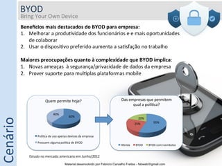 BYOD	
  
              Bring	
  Your	
  Own	
  Device	
  
              	
  
              Benegcios	
  mais	
  destacados	
  do	
  BYOD	
  para	
  empresa:	
  
              1.  Melhorar	
  a	
  produ5vidade	
  dos	
  funcionários	
  e	
  e	
  mais	
  oportunidades	
  
                  de	
  colaborar 	
  	
  
              2.  Usar	
  o	
  disposi5vo	
  preferido	
  aumenta	
  a	
  sa5sfação	
  no	
  trabalho 	
  	
  
                          	
  	
  
              Maiores	
  preocupações	
  quanto	
  à	
  complexidade	
  que	
  BYOD	
  implica:	
  
              1.  Novas	
  ameaças	
  	
  à	
  segurança/privacidade	
  de	
  dados	
  da	
  empresa 	
  	
  
              2.  Prover	
  suporte	
  para	
  mul5plas	
  plataformas	
  mobile               	
  	
  



                                    Quem	
  permite	
  hoje?	
                                       Das	
  empresas	
  que	
  permitem	
  
                                                       	
                                                     qual	
  a	
  polí5ca?	
  
                                                                                                                                	
  
                                            40%	
  
Cenário	
  




                                                                60%	
  
                                                                                                                      20%	
  
                                                                                                                   25%	
                   55%	
  



                            Polí5ca	
  de	
  uso	
  apenas	
  devices	
  da	
  empresa	
  
                            Possuem	
  alguma	
  polí5ca	
  de	
  BYOD	
  
                                                                                                     Híbrida	
      BYOD	
             BYOD	
  com	
  reembolso	
  


                     Estudo	
  no	
  mercado	
  americano	
  em	
  Junho/2012	
  

                                                              Material desenvolvido por Fabricio Carvalho Freitas - fabweb@gmail.com!
 
