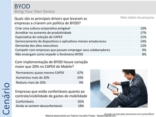 BYOD	
  
              Bring	
  Your	
  Own	
  Device	
  
              	
                                                                                                               Mais	
  dados	
  da	
  pesquisa	
  
              Quais	
  são	
  os	
  principais	
  drivers	
  que	
  levaram	
  as	
  
                                                                                                                                                                      	
  
              empresas	
  a	
  criarem	
  um	
  polí5ca	
  de	
  BYOD?	
  
                     Criar	
  uma	
  cultura	
  corpora5va	
  amigável	
                                                                               19%	
  
                     Acreditar	
  no	
  aumento	
  de	
  produ5vidade	
                                                                                17%	
  
                     Expecta5va	
  de	
  redução	
  de	
  CAPEX	
                                                                                      15%	
  
                     Gerenciamento	
  de	
  disposi5vos	
  e	
  aplica5vos	
  móveis	
  amadureceu	
                                                   14%	
  
                     Demanda	
  dos	
  altos	
  execu5vos	
                                                                                            12%	
  
                     Compe5r	
  com	
  empresas	
  que	
  possam	
  empregar	
  seus	
  colaboradores	
                                                 9%	
  
                     Não	
  enxergam	
  como	
  impedir	
  o	
  fenômeno	
  BYOD	
                                                                      8%	
  

                 Com	
  implementação	
  de	
  BYOD	
  houve	
  variação	
  
                 maior	
  que	
  20%	
  no	
  CAPEX	
  de	
  Mobile?	
  
                     Permaneceu	
  quase	
  mesmo	
  CAPEX	
                     67%	
  
                     Aumentou	
  mais	
  de	
  20%	
                             24%	
  
Cenário	
  




                     Reduziu	
  mais	
  de	
  20%	
                               9%	
  

                 Empresas	
  que	
  estão	
  confortáveis	
  quanto	
  ao	
  
                 controle/visibilidade	
  de	
  gastos	
  de	
  mobilidade	
  
                     Confortáveis	
                                               82%	
  
                     Ainda	
  se	
  sentem	
  desconfortáveis	
  	
               18%	
  

                                                                                                            Estudo	
  no	
  mercado	
  americano	
  em	
  Junho/2012	
  
                                                  Material desenvolvido por Fabricio Carvalho Freitas - fabweb@gmail.com!
 