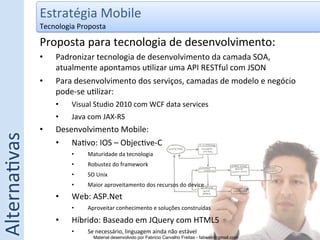 Estratégia	
  Mobile	
  
                  Tecnologia	
  Proposta	
  

                  Proposta	
  para	
  tecnologia	
  de	
  desenvolvimento:	
  
                  •     Padronizar	
  tecnologia	
  de	
  desenvolvimento	
  da	
  camada	
  SOA,	
  
                        atualmente	
  apontamos	
  u5lizar	
  uma	
  API	
  RESTful	
  com	
  JSON	
  
                  •     Para	
  desenvolvimento	
  dos	
  serviços,	
  camadas	
  de	
  modelo	
  e	
  negócio	
  
                        pode-­‐se	
  u5lizar:	
  
                        •     Visual	
  Studio	
  2010	
  com	
  WCF	
  data	
  services	
  
                        •     Java	
  com	
  JAX-­‐RS	
  
                  •     Desenvolvimento	
  Mobile:	
  
Alterna5vas	
  




                        •  Na5vo:	
  IOS	
  –	
  Objec5ve-­‐C	
  
                              •      Maturidade	
  da	
  tecnologia	
  
                              •      Robustez	
  do	
  framework	
  
                              •      SO	
  Unix	
  
                              •      Maior	
  aproveitamento	
  dos	
  recursos	
  do	
  device	
  

                        •     Web:	
  ASP.Net	
  
                              •      Aproveitar	
  conhecimento	
  e	
  soluções	
  construídas	
  

                        •     Híbrido:	
  Baseado	
  em	
  JQuery	
  com	
  HTML5	
  
                              •      Se	
  necessário,	
  linguagem	
  ainda	
  não	
  estável	
  
                                        Material desenvolvido por Fabricio Carvalho Freitas - fabweb@gmail.com!
 