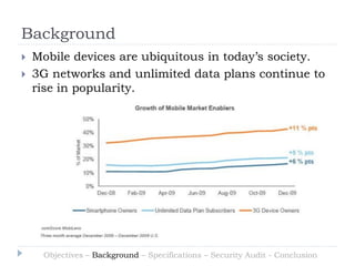 Background
   Mobile devices are ubiquitous in today‟s society.
   3G networks and unlimited data plans continue to
    rise in popularity.




     Objectives – Background – Specifications – Security Audit - Conclusion
 
