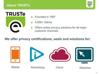 About TRUSTe


                    Founded in 1997
                    4,000+ clients
                    Offers online privacy solutions for all major
                    customer channels.


We offer privacy certifications, seals and solutions for:




    Mobile       Advertising          Cloud               Websites
                                                                     3
 