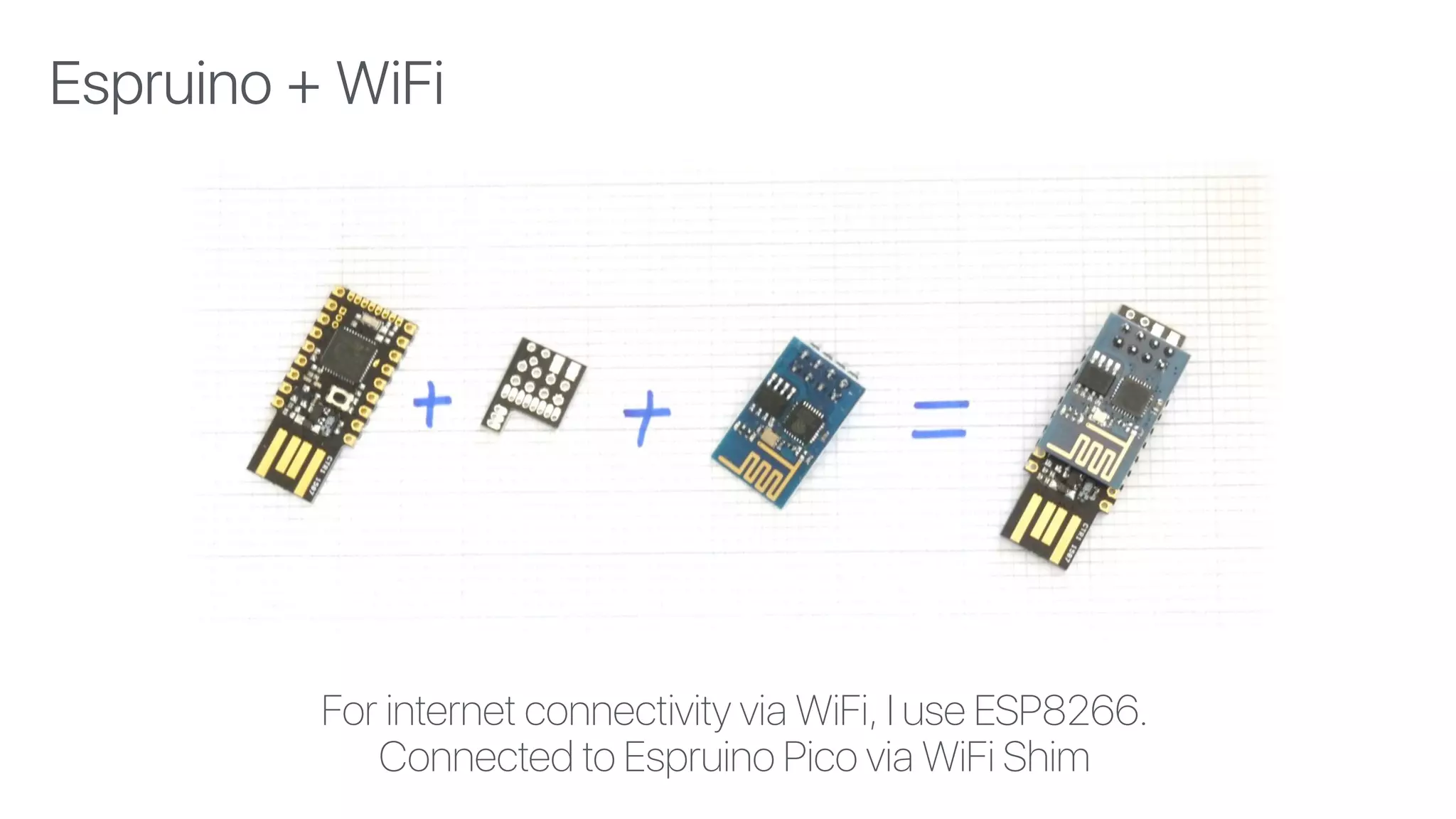 For internet connectivity via WiFi, I use ESP8266.  
Connected to Espruino Pico via WiFi Shim
Espruino + WiFi
 