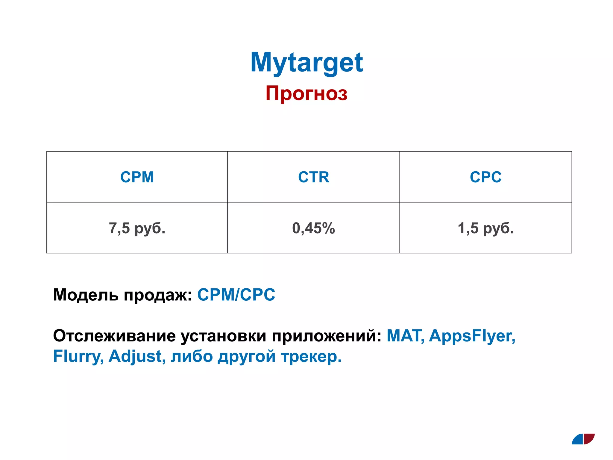 CPM CTR CPC
7,5 руб. 0,45% 1,5 руб.
Прогноз
Муtarget
Модель продаж: CPM/CPC
Отслеживание установки приложений: MAT, AppsFlyer,
Flurry, Adjust, либо другой трекер.
 