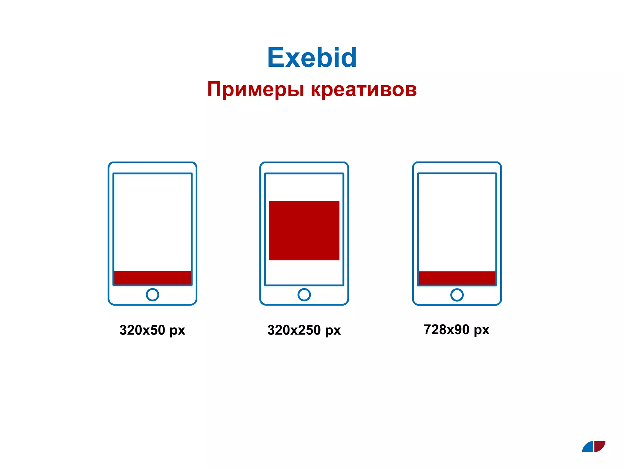 Примеры креативов
Exebid
320x50 px 320x250 px 728x90 px
 
