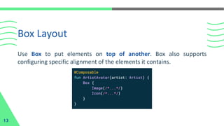 Box Layout
13
Use Box to put elements on top of another. Box also supports
configuring specific alignment of the elements it contains.
 
