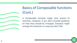 A Composable function might emit several UI
elements. However, if you don't provide guidance
on how they should be arranged, Compose might
arrange the elements in a way you don't like.
Basics of Composable functions
(Cont.)
6
 