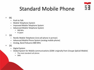 Standard Mobile Phone
• 0G
– Push to Talk
– Mobile Telephone System
– Improved Mobile Telephone System
– Advanced Mobile Telephone System
• 900 Mhz
• In japan
• 1G
– Nordic Mobile Telephone (1rst cell phone in jerman)
– Advanced Mobile Phone System (analog mobile phone)
– Analog, Band frekuensi 800 MHz
• 2G
– Digital System
– Global System for Mobile communications (GSM: originally from Groupe Spécial Mobile)
• The most standard cell phone
• SMS
 
