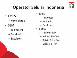 Operator Selular Indonesia
• AMPS
– Komselindo
• GSM
– Telkomsel
– Satelindo
– Excelcom
• GPRS
– Telkomsel
– Satelindo
– Excelcom
• CDMA
– Telkom Flexy
– Indosat StarOne
– Bakrie Telko Esia
– Mobile-8 Fren
 