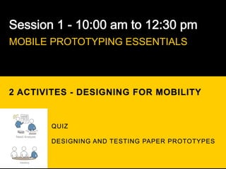 MOBILE PROTOTYPING ESSENTIALS



2 ACTIVITES - DESIGNING FOR MOBILITY


                 QUIZ
 Need Analysis
                 DESIGNING AND TESTING PAPER PROTOTYPES


   Ideating
 