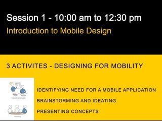 Introduction to Mobile Design



3 ACTIVITES - DESIGNING FOR MOBILITY


                 IDENTIFYING NEED FOR A MOBILE APPLICATION
 Need Analysis
                 BRAINSTORMING AND IDEATING

                 PRESENTING CONCEPTS
   Ideating
 