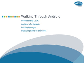Walking Through Android
Understanding C2DM
Anatomy of a Message
Pushing Messages
Displaying Items on the Client
 