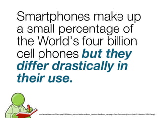 Smartphones make up
a small percentage of
the World's four billion
cell phones but they
differ drastically in
their use.

    http://www.lukew.com/ff/entry.asp?1042&utm_source=feedburner&utm_medium=feed&utm_campaign=Feed:+FunctioningForm+(LukeW+Ideation+%2B+Design)
 