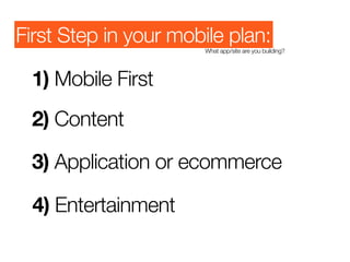 First Step in your mobile plan:
                      What app/site are you building?




 1) Mobile First
 2) Content

 3) Application or ecommerce

  4) Entertainment
 