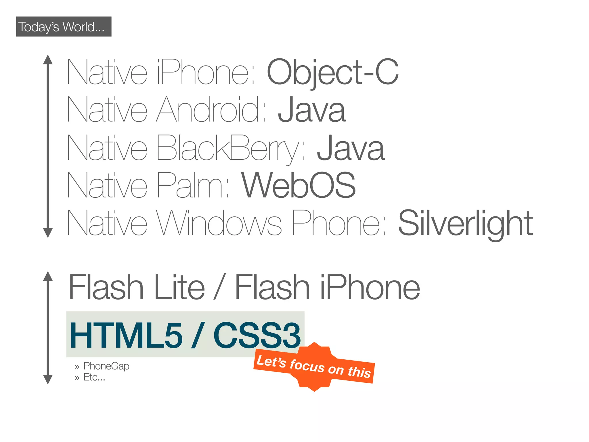 Today’s World...:


         Native iPhone: Object-C
         Native Android: Java
         Native BlackBerry: Java
         Native Palm: WebOS
         Native Windows Phone: Silverlight
         Flash Lite / Flash iPhone
         HTML5 / CSS3  Let’s focu
          » PhoneGap             s on this
          » Etc...
 