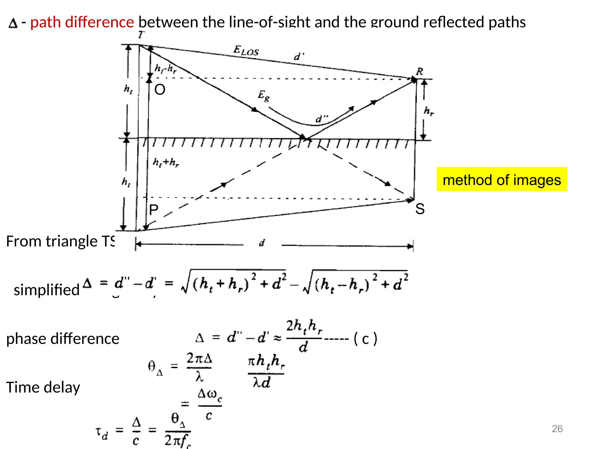 - path difference between the line-of-sight and the ground reflected paths
From triangle TSP and TRO
simplified using a Taylor series
phase difference = 4 --------------- ( c )
Time delay
26
method of images
O
S
P
 