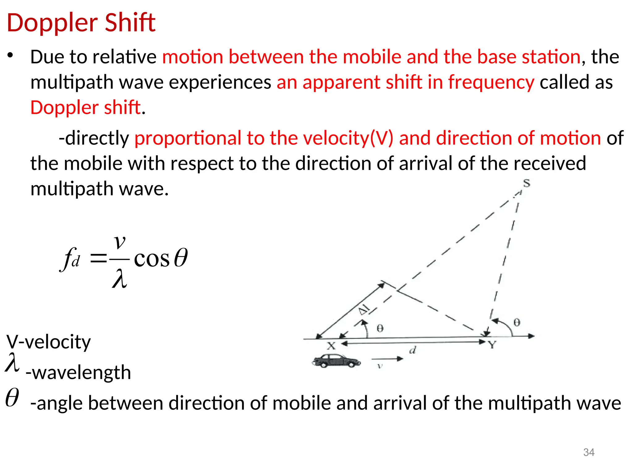 Doppler Shift
• Due to relative motion between the mobile and the base station, the
multipath wave experiences an apparent shift in frequency called as
Doppler shift.
-directly proportional to the velocity(V) and direction of motion of
the mobile with respect to the direction of arrival of the received
multipath wave.
V-velocity
-wavelength
-angle between direction of mobile and arrival of the multipath wave
34


cos
v
fd 


 