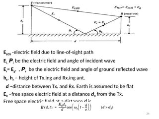 ELOS -electric field due to line-of-sight path
Ei , 𝞠i be the electric field and angle of incident wave
Er= Eg, , 𝞠r be the electric field and angle of ground reflected wave
ht, hr – height of Tx.ing and Rx.ing ant.
d –distance between Tx. and Rx. Earth is assumed to be flat
E0 –free space electric field at a distance d0 from the Tx.
Free space electric field at a distance d is
24
 